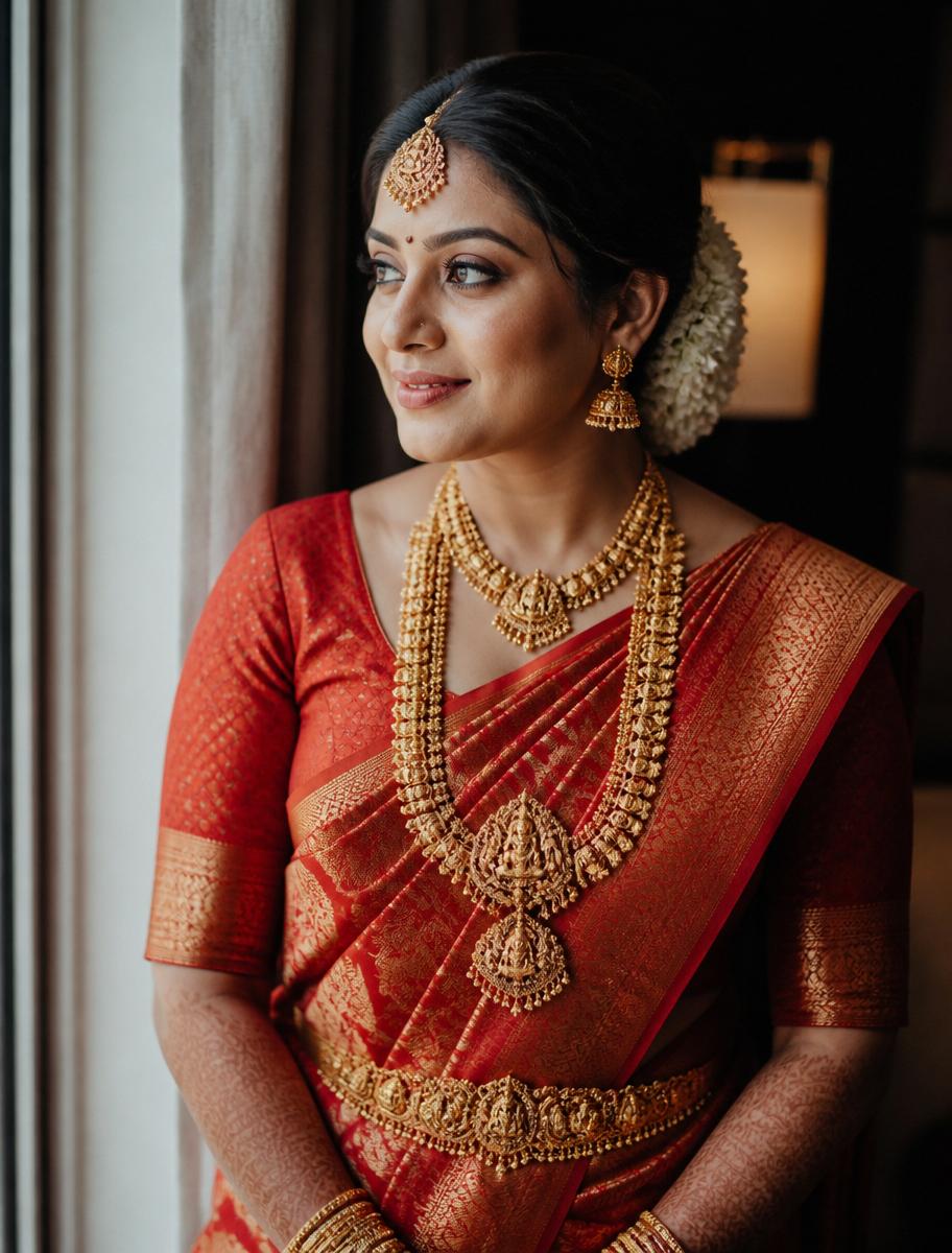 South Indian bride portrait in gold jewelry