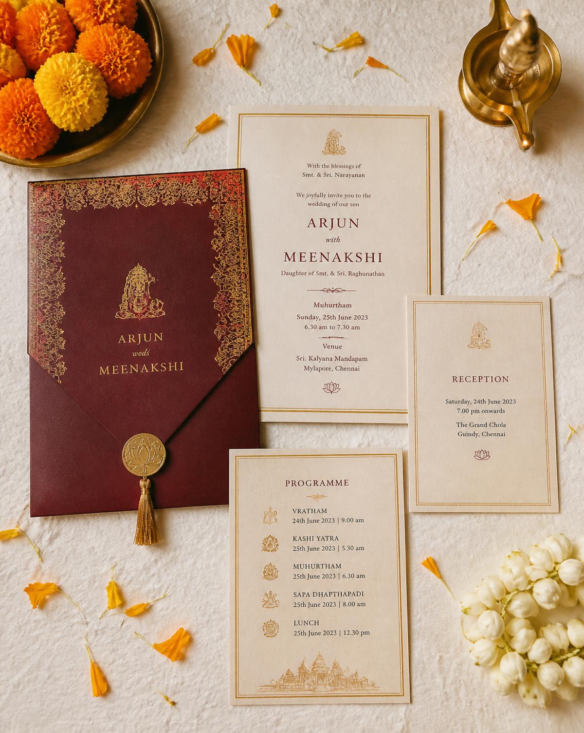 Hand designing gold-foil wedding invitation with marigolds